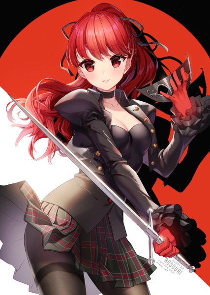 Anime picture 900x1264 with persona 5 persona persona 5 the royal yoshizawa kasumi rosuuri single long hair tall image looking at viewer blush fringe breasts red eyes signed ponytail red hair parted lips pleated skirt light smile open jacket