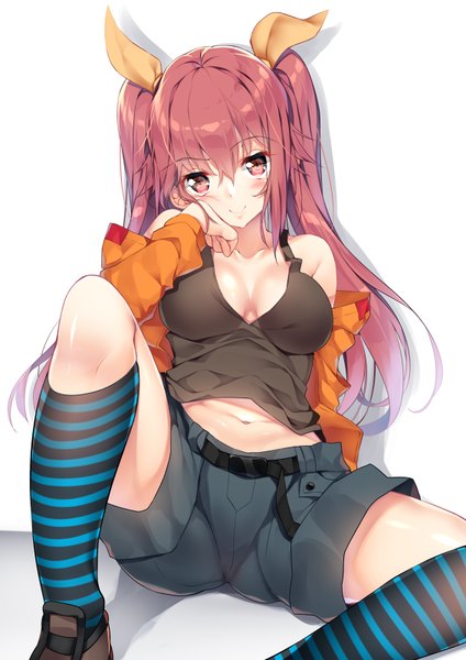 Anime picture 566x800 with original yappen single long hair tall image blush breasts light erotic brown hair sitting twintails brown eyes cleavage arm support girl navel ribbon (ribbons) hair ribbon socks shoes