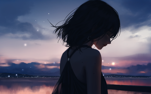 Anime picture 7000x4375 with original nixeu single fringe highres short hair black hair standing absurdres sky cloud (clouds) upper body outdoors eyes closed wind lips mole horizon city lights girl