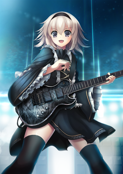 Anime picture 992x1403 with original riburanomind single tall image looking at viewer short hair open mouth white hair grey eyes girl thighhighs dress black thighhighs hairband guitar electric guitar