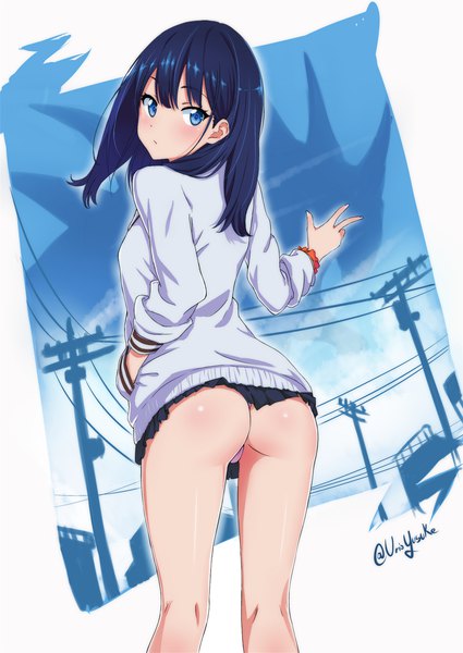 Anime picture 1416x2000 with gridman universe ssss.gridman studio trigger takarada rikka urio yusuke single long hair tall image looking at viewer blush fringe blue eyes light erotic hair between eyes signed payot blue hair ass long sleeves pleated skirt