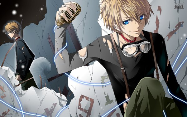 Anime picture 1920x1200 with vocaloid kagamine len hakuseki highres short hair blue eyes blonde hair smile wide image torn clothes ruins hands on hips boy pants collar microphone wire (wires)