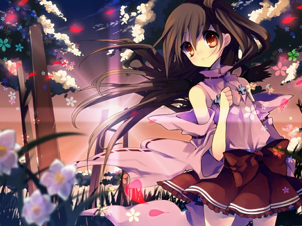 Anime picture 1067x800 with original pixiv fantasia rugo single long hair brown hair bare shoulders cloud (clouds) orange eyes girl flower (flowers) bow detached sleeves wings cross