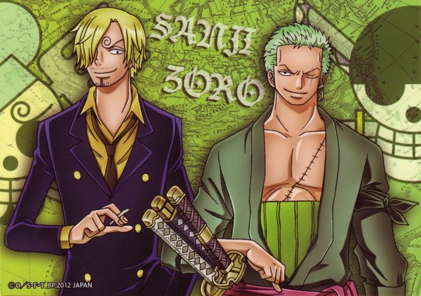 Anime picture 3502x2474 with one piece toei animation roronoa zoro sanji looking at viewer fringe highres short hair blonde hair smile absurdres japanese clothes green hair hair over one eye multiple boys character names scar boy weapon earrings