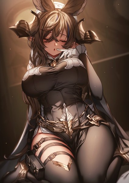 Anime picture 1400x1980 with granblue fantasy galleon (granblue fantasy) kyouya (mukuro238) single long hair tall image fringe breasts open mouth light erotic brown hair large breasts sitting animal ears horn (horns) wariza light extra ears asymmetrical legwear draph