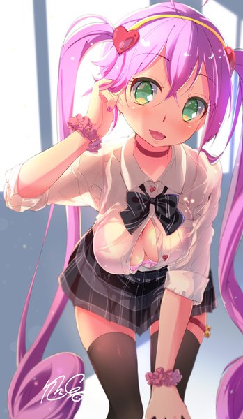 Anime picture 832x1430 with show by rock!! studio bones rosia (show by rock!!) hato haru single tall image looking at viewer blush fringe breasts open mouth light erotic smile hair between eyes large breasts standing twintails green eyes signed payot