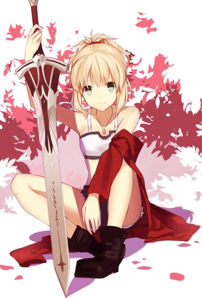 Anime picture 677x1000 with fate (series) fate/apocrypha type-moon mordred (fate) mashima saki (mashimasa) single long hair tall image looking at viewer fringe blonde hair smile sitting bare shoulders holding green eyes ponytail girl weapon petals