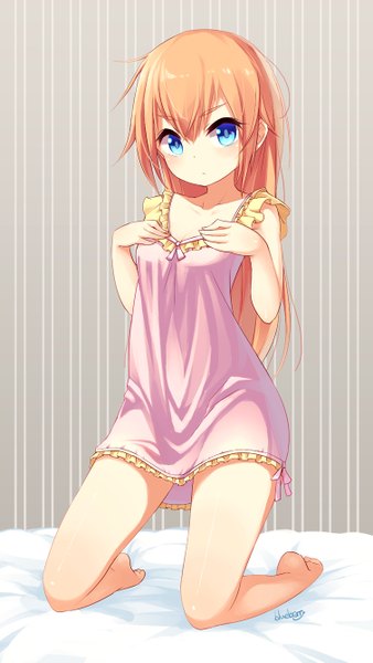 Anime picture 753x1333 with original blueberry (5959) single long hair tall image looking at viewer blush fringe blue eyes blonde hair signed bent knee (knees) barefoot no shoes kneeling hand on chest girl dress bow bed