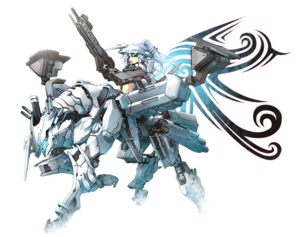 Anime picture 1280x1024 with armored core white glint long hair open mouth simple background white background silver hair girl weapon gun goggles mecha assault rifle