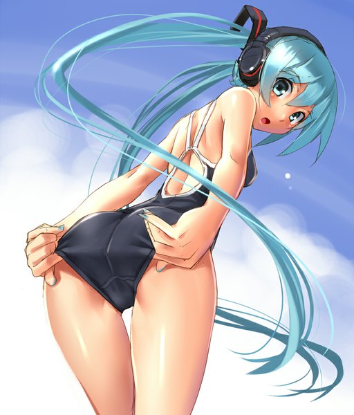 Anime picture 769x900 with vocaloid hatsune miku katahira masashi single tall image looking at viewer blush light erotic twintails bare shoulders sky ass very long hair aqua eyes aqua hair shiny skin girl swimsuit headphones one-piece swimsuit