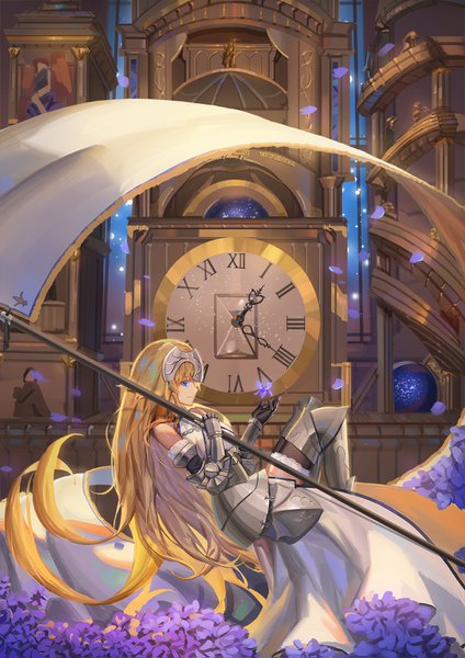Anime picture 1000x1415 with fate (series) fate/apocrypha jeanne d'arc (fate) (all) jeanne d'arc (fate) sk tori single long hair tall image blue eyes blonde hair smile bare shoulders holding looking away bent knee (knees) profile zettai ryouiki outstretched arm girl gloves