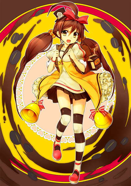 Anime picture 1060x1500 with original yukijirushi yukiko-tan kamitsurugi ouka single long hair tall image open mouth brown hair twintails brown eyes girl thighhighs dress bow hair bow hat bell striped thighhighs backpack