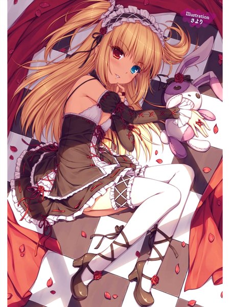 Anime picture 768x1024 with boku wa tomodachi ga sukunai hasegawa kobato sayori long hair tall image looking at viewer blush fringe light erotic blonde hair smile light smile shadow maid two side up heterochromia thighhighs flower (flowers) ribbon (ribbons) detached sleeves