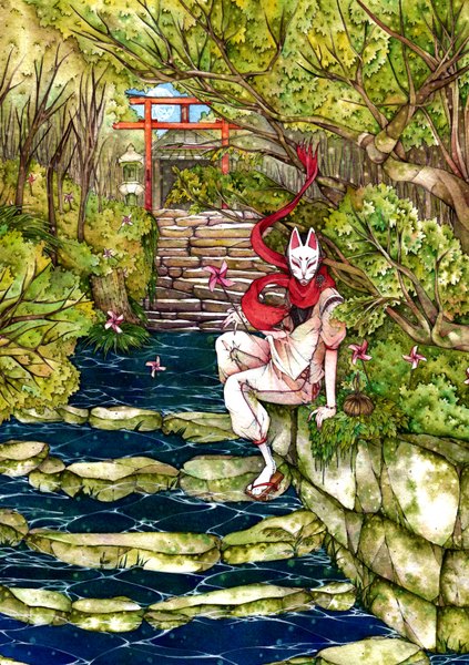 Anime picture 2456x3480 with original bouno satoshi single tall image highres absurdres nail polish fingernails long fingernails boy plant (plants) tree (trees) water scarf mask torii fox mask japanese house pinwheel