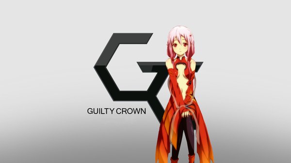 Anime picture 1500x844 with guilty crown production i.g yuzuriha inori single long hair simple background red eyes wide image pink hair inscription girl bodysuit