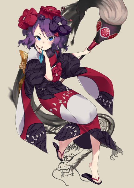 Anime picture 2220x3106 with fate (series) fate/grand order katsushika hokusai (fate/grand order) ohland single tall image looking at viewer blush highres short hair blue eyes simple background purple hair full body traditional clothes japanese clothes outstretched arm hand on cheek drawing girl