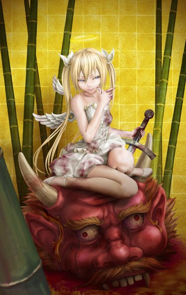 Anime picture 1500x2381 with pi (pppppchang) long hair tall image blue eyes blonde hair red eyes sitting twintails bare shoulders horn (horns) angel demon guro red skin girl dress boy weapon sword wings