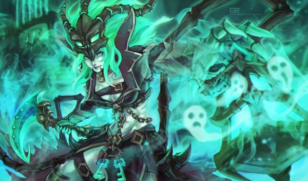 Anime picture 3777x2220 with league of legends thresh (league of legends) monori rogue single long hair looking at viewer highres breasts wide image green eyes absurdres green hair outstretched arm genderswap girl weapon chain lantern scythe