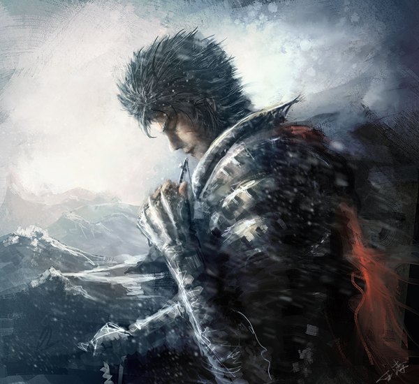 Anime picture 2180x2000 with berserk guts wlop single highres short hair black hair eyes closed profile snowing winter snow mountain praying boy armor pendant cloak cross cross necklace