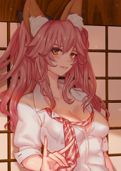 Anime picture 842x1191 with fate (series) fate/extra tamamo (fate) (all) tamamo no mae (fate) whitem (whiteemperor2020) single long hair tall image looking at viewer blush fringe light erotic smile hair between eyes twintails holding animal ears yellow eyes pink hair upper body