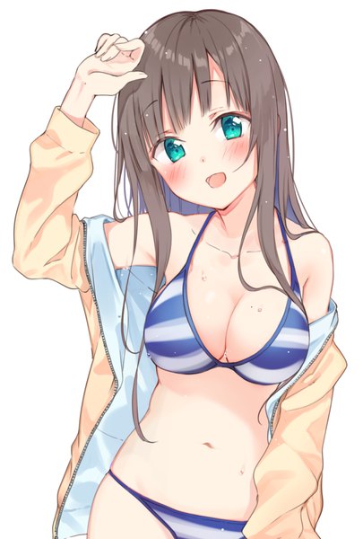 Anime picture 800x1184 with original maigoyaki single long hair tall image looking at viewer blush fringe breasts open mouth light erotic simple background smile brown hair large breasts standing white background bare shoulders payot cleavage