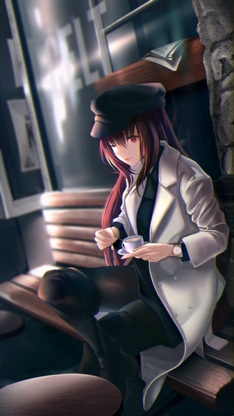 Anime picture 1080x1920 with fate (series) fate/grand order scathach (fate) (all) scathach (fate) kisaragi chiyuki single long hair tall image looking at viewer fringe hair between eyes red eyes sitting holding payot red hair one eye closed open clothes high heels depth of field