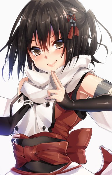 Anime picture 700x1089 with kantai collection sendai light cruiser keita (tundereyuina) single tall image looking at viewer short hair black hair simple background smile white background brown eyes two side up girl scarf