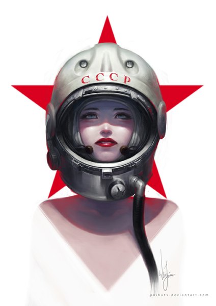 Anime picture 672x950 with poibuts single tall image blue eyes simple background white background signed lips lipstick red lipstick soviet girl star (symbol) helmet