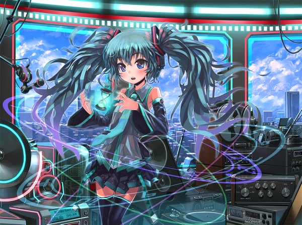Anime picture 1505x1125 with vocaloid hatsune miku long hair blue eyes twintails blue hair cloud (clouds) city girl detached sleeves necktie window clock microphone hourglass