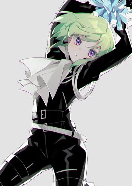 Anime picture 992x1400 with promare studio trigger lio fotia heridy single tall image looking at viewer short hair simple background purple eyes green hair grey background arms up boy earrings belt neckerchief