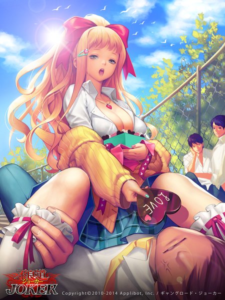 Anime picture 1500x2000 with joker ~gang road~ soo kyung oh tall image open mouth light erotic blonde hair brown eyes sky cleavage cloud (clouds) outdoors lens flare valentine girl skirt bow hair bow shirt socks food