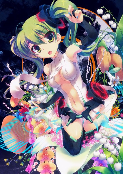 Anime picture 1254x1771 with vocaloid pixiv vocaloid append hatsune miku hatsune miku (append) aoi sora-maru tall image open mouth light erotic twintails green eyes nail polish black background girl navel flower (flowers) necktie megaphone