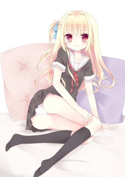 Anime picture 2479x3507 with original hoshi (snacherubi) single long hair tall image looking at viewer blush fringe highres light erotic blonde hair smile red eyes white background sitting ass pleated skirt short sleeves legs one side up