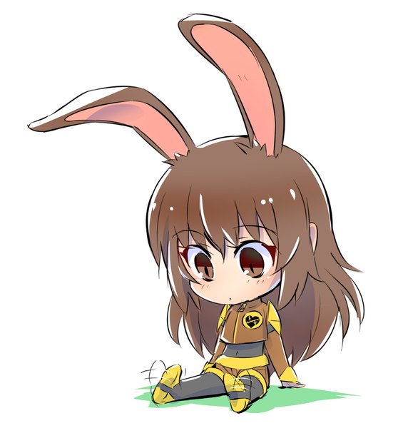 Anime picture 1700x1806 with rwby rooster teeth velvet scarlatina iesupa single long hair tall image fringe simple background brown hair white background sitting brown eyes animal ears long sleeves parted lips arm support bunny ears looking down bunny girl