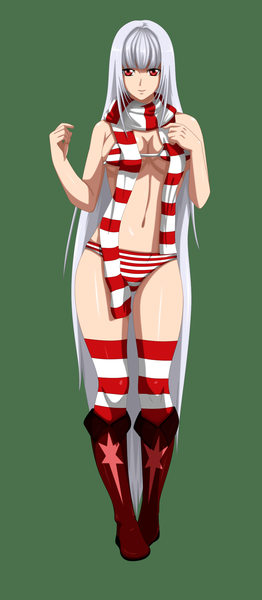 Anime picture 1000x2287 with nekanon aida (nekanon) flowerinhell single long hair tall image looking at viewer fringe breasts light erotic simple background blonde hair smile red eyes large breasts standing bare shoulders silver hair midriff thighs