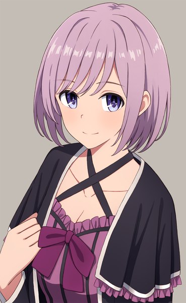 Anime picture 1074x1742 with original yahiro (epicopeiidae) single tall image looking at viewer fringe short hair blue eyes simple background purple hair upper body from above light smile grey background girl