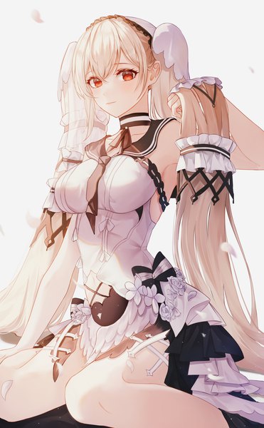 Anime picture 2841x4596 with azur lane formidable (azur lane) formidable (timeless classics) (azur lane) arahe single tall image looking at viewer blush fringe highres breasts hair between eyes red eyes large breasts sitting twintails indoors very long hair arm up grey hair