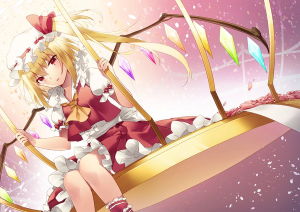 Anime picture 1023x724 with touhou flandre scarlet shiyun single fringe short hair blonde hair hair between eyes red eyes sitting puffy sleeves one side up girl skirt hat petals wings bonnet skirt set crystal
