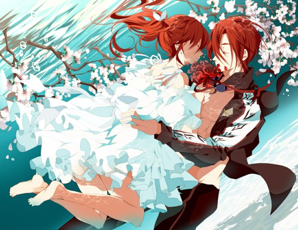 Anime picture 1089x841 with free! kyoto animation matsuoka rin matsuoka gou mono (freerotary) long hair fringe short hair holding ponytail red hair eyes closed barefoot open clothes open jacket bare legs underwater muscle brother and sister girl