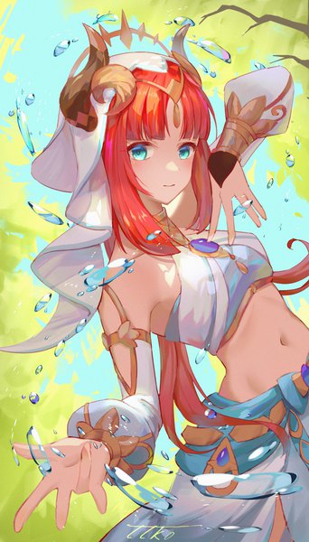 Anime picture 2280x4000 with genshin impact nilou (genshin impact) w-t single long hair tall image looking at viewer highres blue eyes red hair horn (horns) midriff girl navel detached sleeves water veil