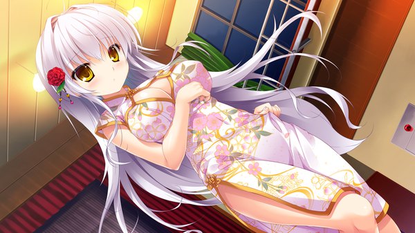 Anime picture 1280x720 with hime-sama love life! sakuno (hime-sama love life!) mikeou single long hair blush breasts light erotic wide image yellow eyes looking away game cg silver hair traditional clothes hair flower from below covered navel chinese clothes side slit girl