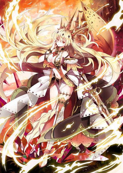 Anime picture 1000x1400 with original million arthur illustration contest rednian single tall image looking at viewer fringe breasts light erotic blonde hair red eyes large breasts standing sky cleavage outdoors very long hair head tilt wind bare belly