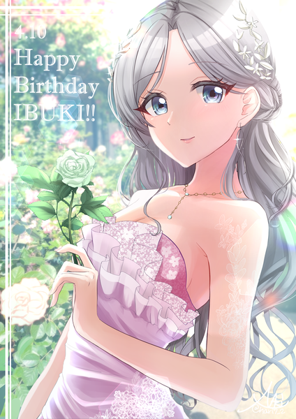 Anime picture 2480x3508 with d4dj niijima ibuki kurumi nari single long hair tall image looking at viewer fringe highres breasts blue eyes smile standing bare shoulders grey hair sparkle character names dated wavy hair happy birthday