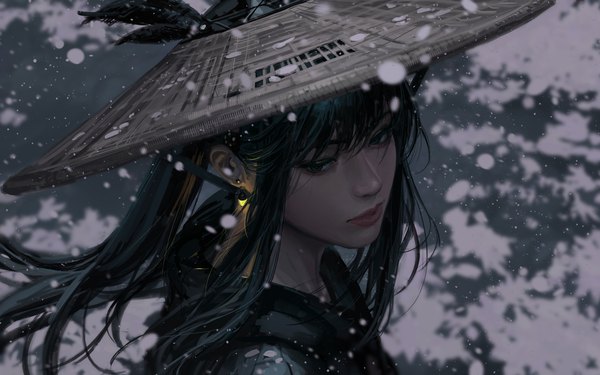 Anime picture 6397x4000 with original guweiz single long hair fringe highres black hair payot looking away absurdres upper body outdoors ponytail blunt bangs wind lips black eyes blurry realistic depth of field