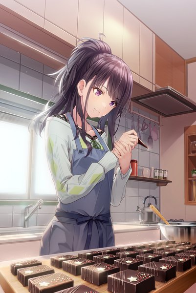 Anime picture 1200x1796 with idolmaster idolmaster shiny colors kazano hiori macha0331 single long hair tall image fringe black hair smile standing purple eyes holding ponytail indoors blunt bangs long sleeves off shoulder mole looking down