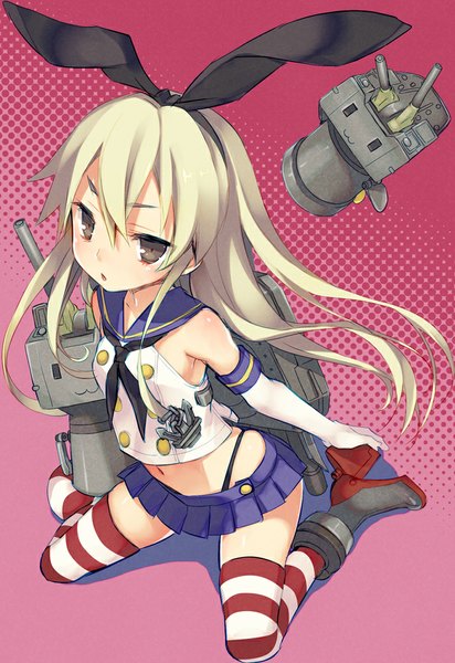 Anime picture 687x1000 with kantai collection shimakaze destroyer rensouhou-chan nama2e long hair tall image blonde hair brown eyes full body girl thighhighs gloves navel bow weapon hair bow miniskirt elbow gloves boots striped thighhighs
