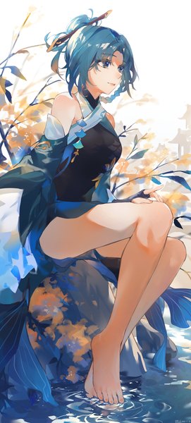 Anime picture 2957x6536 with genshin impact madame ping (genshin impact) swkl:d single tall image highres short hair sitting blue hair looking away full body traditional clothes barefoot bare legs chinese clothes alternate age soaking feet younger girl detached sleeves