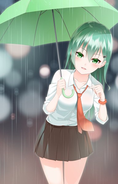 Anime picture 828x1293 with kantai collection suzuya heavy cruiser yasuto (eria151) single long hair tall image blush fringe open mouth smile hair between eyes standing holding green eyes pleated skirt green hair blurry leaning leaning forward thigh gap