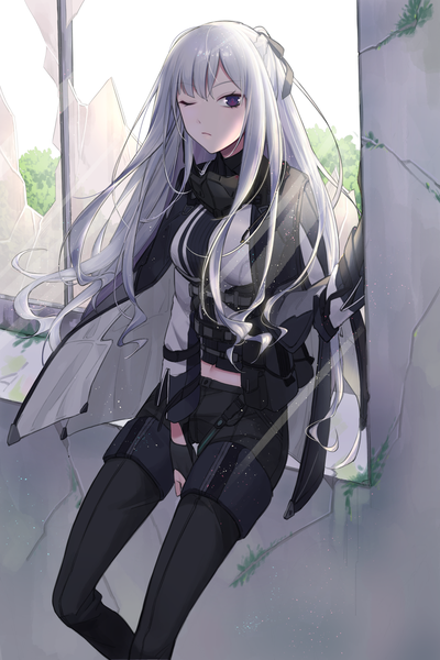 Anime picture 992x1488 with girls frontline ak-12 (girls frontline) qb 516 single long hair tall image looking at viewer fringe breasts sitting purple eyes payot silver hair bent knee (knees) braid (braids) long sleeves one eye closed wind sunlight midriff