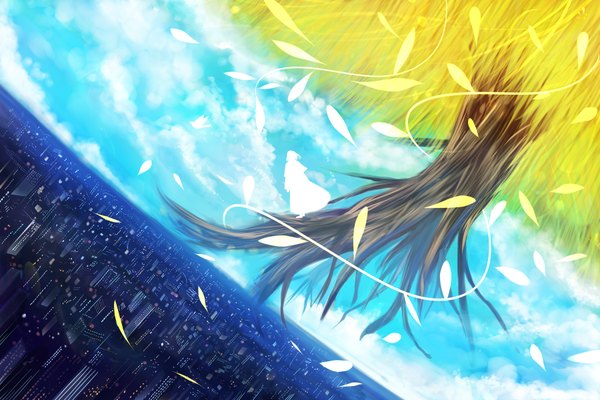Anime picture 1800x1200 with original pixiv bounin highres cloud (clouds) city cityscape plant (plants) petals tree (trees)